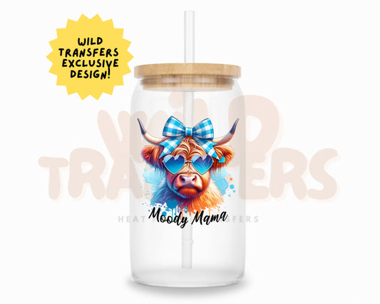 Moody Mama Blue Highland Cow UV DTF Single Transfer